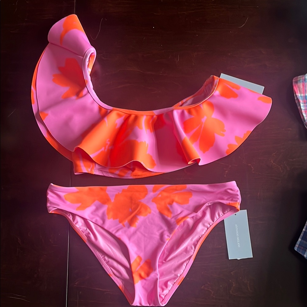 ANTONIO MELANI Pink and Orange Floral Bikini, Top XL/Bottom L